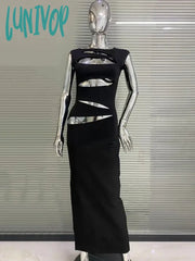 Lunivop High Quality Women Elegant Luxury Black Sleeveless Hollow Bodycon Long Bandage Dress