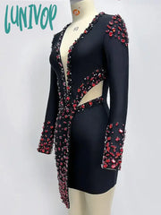 Lunivop High Quality Women Sexy V-Neck Crystal Diamond Design Long Sleeve Bodycon Mini Bandage