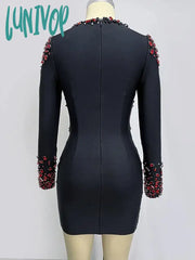 Lunivop High Quality Women Sexy V-Neck Crystal Diamond Design Long Sleeve Bodycon Mini Bandage