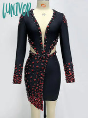 Lunivop High Quality Women Sexy V-Neck Crystal Diamond Design Long Sleeve Bodycon Mini Bandage