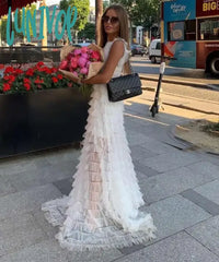 Lunivop High Quality Women Sexy White Mesh Ruffles Maxi Long Dress Elegant Evening Party Vestido