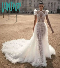 Lunivop High Quality Women Sexy White Mesh Ruffles Maxi Long Dress Elegant Evening Party Vestido