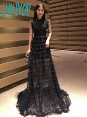 Lunivop High Quality Women Sexy White Mesh Ruffles Maxi Long Dress Elegant Evening Party Vestido