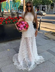 Lunivop High Quality Women Sexy White Mesh Ruffles Maxi Long Dress Elegant Evening Party Vestido