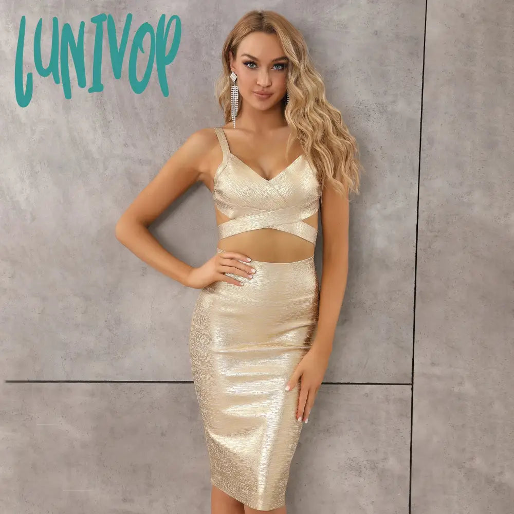 Lunivop High Quality Women Summer Style Sexy Gold Bronzing Knee Length Midi Bodycon Bandage Skirt