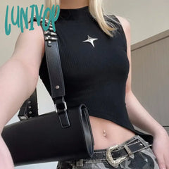 Lunivop High Street Metal Star Turtleneck Black Vest For Women Sexy Irregular Slim Fit Tank Top Y2K
