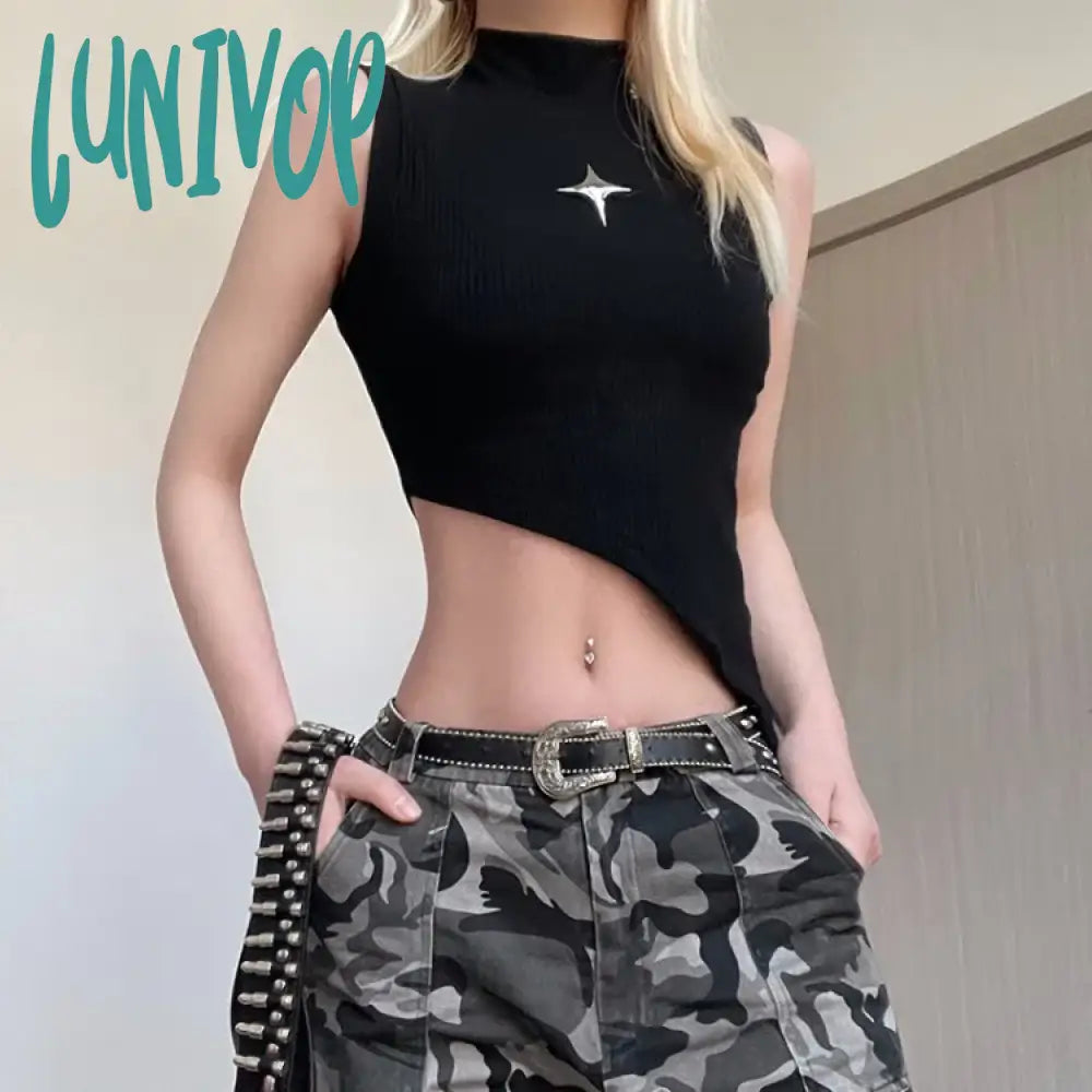 Lunivop High Street Metal Star Turtleneck Black Vest For Women Sexy Irregular Slim Fit Tank Top Y2K