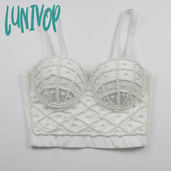 Lunivop High Street Style Sexy Strap V Neck Lace Beading Black White Red Women Crop Top Celebrity