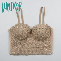 Lunivop High Street Style Sexy Strap V Neck Lace Beading Black White Red Women Crop Top Celebrity