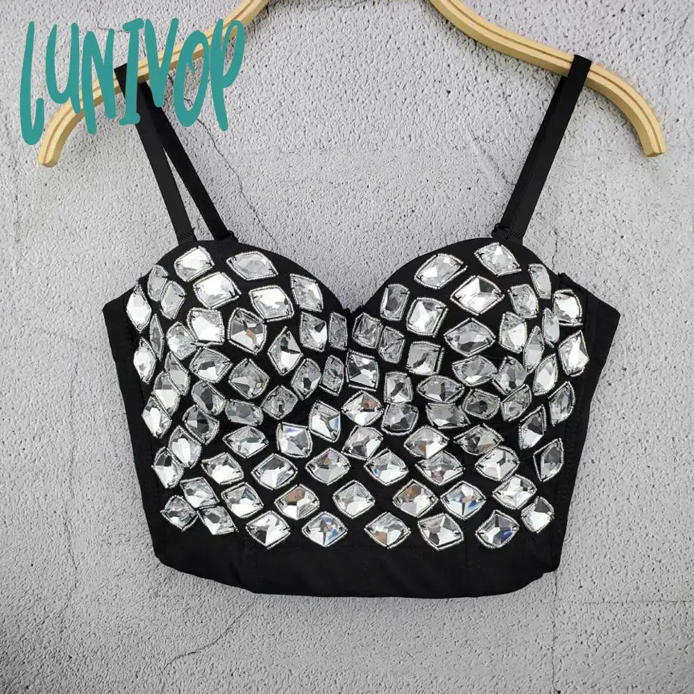 Lunivop High Street Style Sexy Strap V Neck Lace Beading Black White Red Women Crop Top Celebrity