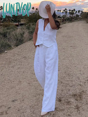 Lunivop High Waist Loose Pant Sets Crop Tops And Pants 2 Piece Womens Outfits Holiday Solid Trouser