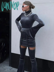 Lunivop High Waist Mini Dress Set For Women Bodycon Turtleneck Flare Sleeve Dresses Lace Up