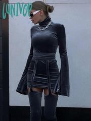 Lunivop High Waist Mini Dress Set For Women Bodycon Turtleneck Flare Sleeve Dresses Lace Up