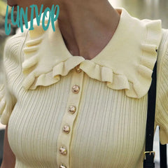 Lunivop High Waist Ruffled Mini Dresses For Women Summer Short Sleeve Knitted Slim Fit Dress