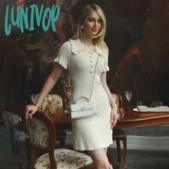 Lunivop High Waist Ruffled Mini Dresses For Women Summer Short Sleeve Knitted Slim Fit Dress