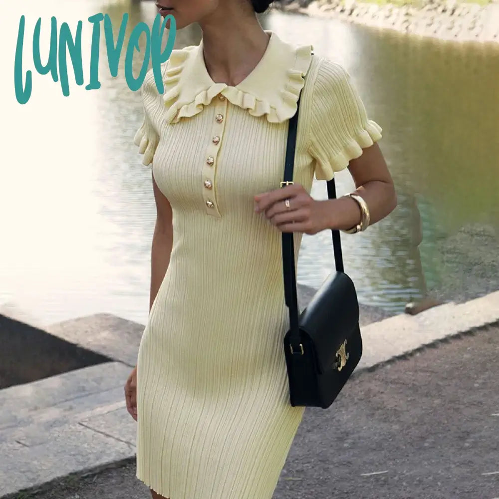 Lunivop High Waist Ruffled Mini Dresses For Women Summer Short Sleeve Knitted Slim Fit Dress