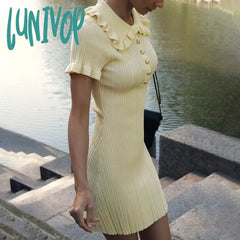 Lunivop High Waist Ruffled Mini Dresses For Women Summer Short Sleeve Knitted Slim Fit Dress