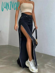 Lunivop High Waisted Side Split Out Jeans Women Casual Loose Cargo Black Pants Streetwear Summer