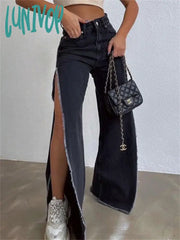 Lunivop High Waisted Side Split Out Jeans Women Casual Loose Cargo Black Pants Streetwear Summer