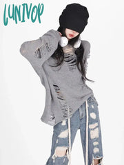 Lunivop Hip Hop Hole Sweater Women Streetwear Hollow Out Y2K Jumpers American Retro Long Sleeve