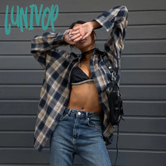 hipster Casual Contrast Color Plaid Shirt Women's 2024 Autumn Oversize Loose Mid-Length Cardigan Shirt