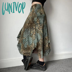 hipster dress to impress Women's Retro American Style Contrast Color Pattern Irregular Skirt Double-Layer Stitching Design Long Skirt