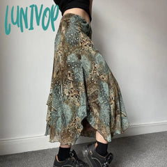 hipster dress to impress Women's Retro American Style Contrast Color Pattern Irregular Skirt Double-Layer Stitching Design Long Skirt