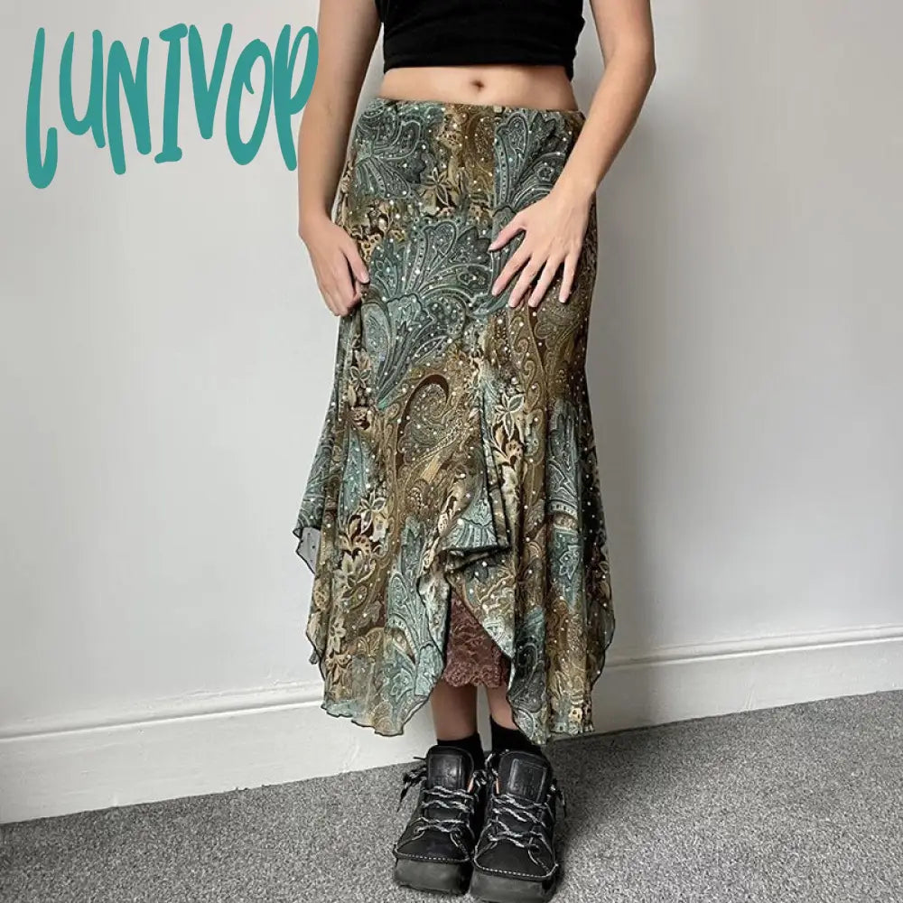 hipster dress to impress Women's Retro American Style Contrast Color Pattern Irregular Skirt Double-Layer Stitching Design Long Skirt