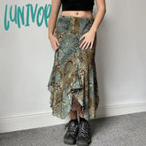 hipster dress to impress Women's Retro American Style Contrast Color Pattern Irregular Skirt Double-Layer Stitching Design Long Skirt