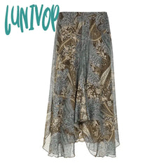 hipster dress to impress Women's Retro American Style Contrast Color Pattern Irregular Skirt Double-Layer Stitching Design Long Skirt