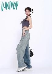 Lunivop Hole Design Women’s High Waisted Straight Tube Dark Light Blue Jeans Summer That Feels