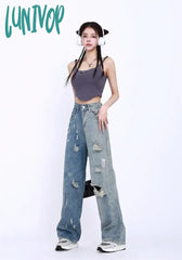 Lunivop Hole Design Women’s High Waisted Straight Tube Dark Light Blue Jeans Summer That Feels