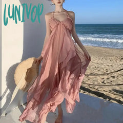 Lunivop Holiday Style Halter Backless Party Dress For Women Lavender Lolita Vacation Summer Fairy
