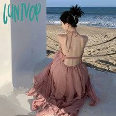 Lunivop Holiday Style Halter Backless Party Dress For Women Lavender Lolita Vacation Summer Fairy
