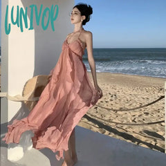 Lunivop Holiday Style Halter Backless Party Dress For Women Lavender Lolita Vacation Summer Fairy