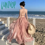 Lunivop Holiday Style Halter Backless Party Dress for Women Lavender Lolita Vacation Summer Fairy Sundress Pink Long Chiffon Clothes New