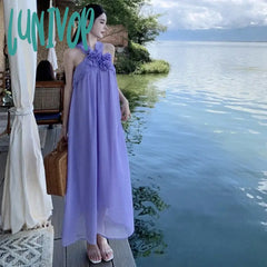 Lunivop Holiday Style Sling Backless Party Dress For Women Chiffon Lavender Vacation Summer Fairy