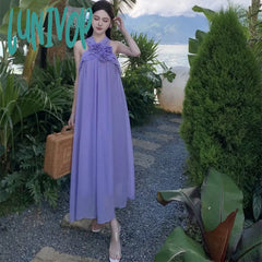 Lunivop Holiday Style Sling Backless Party Dress For Women Chiffon Lavender Vacation Summer Fairy