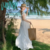 Lunivop Hollow Out Elegant Backless Midi Dresses With Bow Grunge Retro Women Summer Slim French