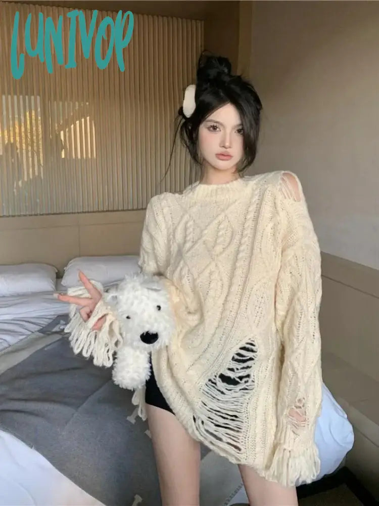 Lunivop Hollow Out Grunge Loose Y2K Aesthetic Sweaters Casual Tassel Women Knitted Jumpers Vintage
