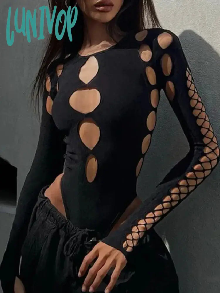Lunivop Hollow Out Hot Sexy Caged Bodysuit For Women One-Piece Slim Fit Tops Autumn Helloween
