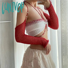 Lunivop Hollow Out Knit Beading Slim Tops For Women Y2K Sweet Halter Sexy Cropped Top Rave Festival