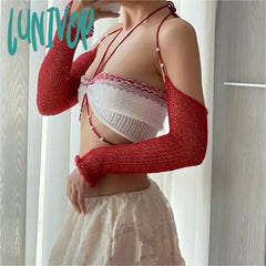 Lunivop Hollow Out Knit Beading Slim Tops For Women Y2K Sweet Halter Sexy Cropped Top Rave Festival