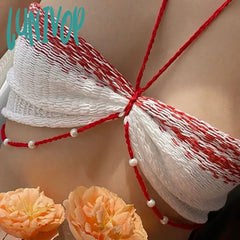 Lunivop Hollow Out Knit Beading Slim Tops For Women Y2K Sweet Halter Sexy Cropped Top Rave Festival
