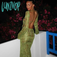 Lunivop Hollow Out Knitted Open Back Maxi Dresses Party Club Rave Festival Outfits Women Elegant