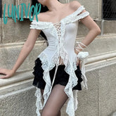 Lunivop Hollow Out Lace Crop Top Women Sexy Off Shoulder Bodycon Bandage Slim Tank Tops Ladies 2024