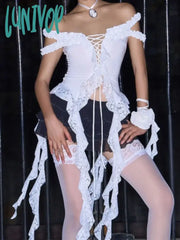 Lunivop Hollow Out Lace Crop Top Women Sexy Off Shoulder Bodycon Bandage Slim Tank Tops Ladies 2024