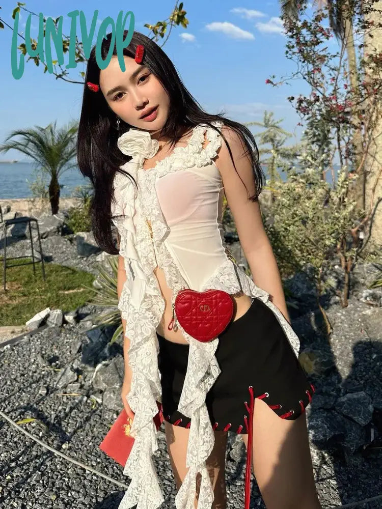 Lunivop Hollow Out Lace Crop Top Women Sexy Off Shoulder Bodycon Bandage Slim Tank Tops Ladies 2024