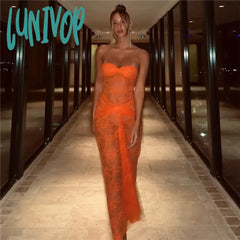Lunivop Hollow Out Lace Sheer Maxi Dresses Sexy Strapless Elegant Outfits For Women Club Party