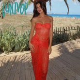 Lunivop Hollow Out Lace Sheer Maxi Dresses Sexy Strapless Elegant Outfits For Women Club Party